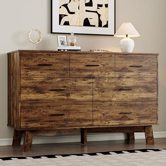 Dresser for Bedroom with 7-Drawer, 47.2" Wide Modern Chest of Drawers with Metal Handles, X-Shape Base & Adjustable Center Leg, Anti-Tip Closet Organizers and Storage
