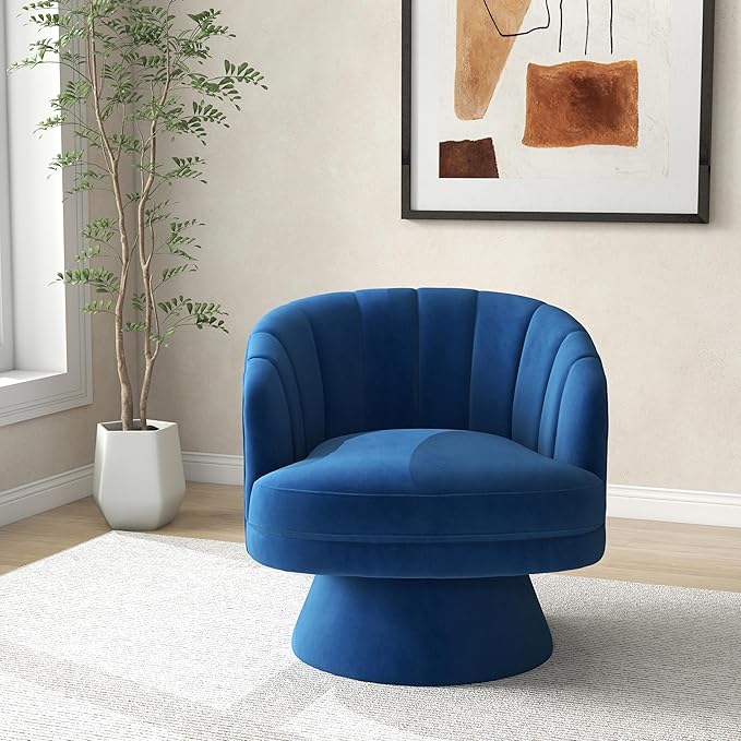 Swivel Accent Chair,Upholstered Velvet 360° Swivel Barrel Chair for Living Room Overstuffed Bouncle Reading Chair Round Armchair for Bedroom,Vanity,Office (Navy)