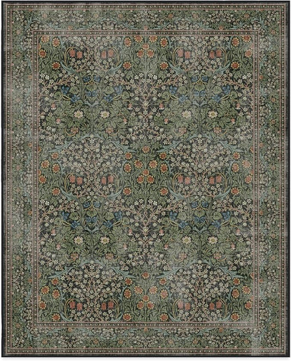 RUGGABLE x Morris & Co Washable Area Rug– Blackthorn Forest Green 8x10, Stain-Resistant, Non-Slip – Large Machine Washable Rugs for Living Room, Bedroom, Hallway, Entryway & Office–with Cushioned Pad