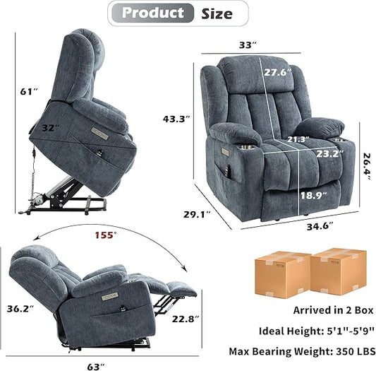 Power Lift Chair for Elderly, Electric Recliner Chair with 8-Point Vibration Massage and Lumbar Heating, Charging Ports, Cup Holders - Blue