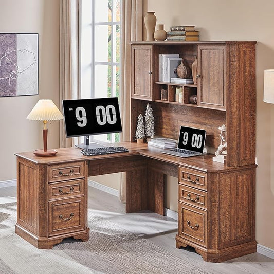 T4TREAM L Shaped Desk with Hutch,59" Farmhouse Wood Home Office Executive Desk,Charging Station,File Drawer, Storage Cabinet,Computer Desk for Work and Study (Reclaimed Barnwood)