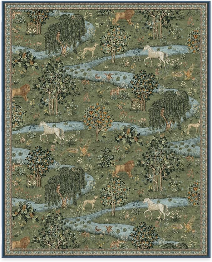 RUGGABLE x Morris & Co Washable Area Rug – Owl & Willow Green 8x10, Stain-Resistant, Non-Slip – Large Machine Washable Rugs for Living Room, Bedroom, Hallway, Entryway & Office–with Cushioned Pad