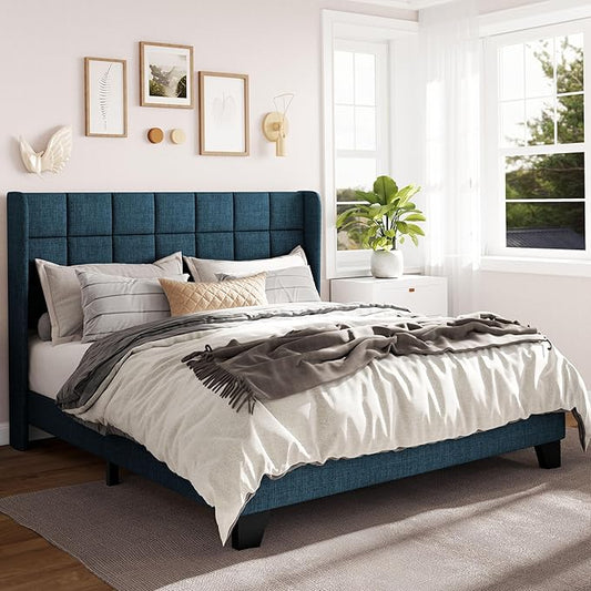Allewie Queen Size Platform Bed Frame with Wingback, Fabric Upholstered Square Stitched Headboard and Wooden Slats, Mattress Foundation, Box Spring Optional, Easy Assembly, Dark Blue