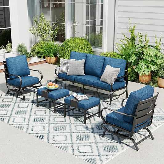 Sophia & William Patio Furniture Sets 5 Seats Outdoor Metal Conversation Sets 5 Pcs with 2 x Cushioned Swivel Sofa Chairs,1 x 3-Seat Sofa,2 x Ottomans for Coffee Lawn Backyard Poolside Peacock Blue