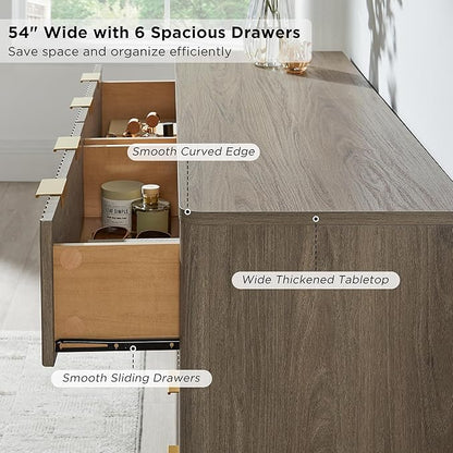 T4TREAM Fluted 6 Drawers Dresser, 54" Wide Modern Chest of Drawers, Curved Profile Design, Dresser TV Stand, Wood Drawer Organizer for Bedroom, Living Room, Hallway, Grey Alder