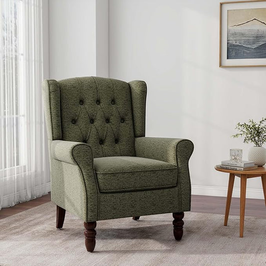 Accent Chair, Upholstered Armchair with Button Tufted High Back & Solid Wood Legs, Comfy Wingback Reading Single Sofa Chair for Small Spaces, Living Room, Bedroom-Green, Set of 1