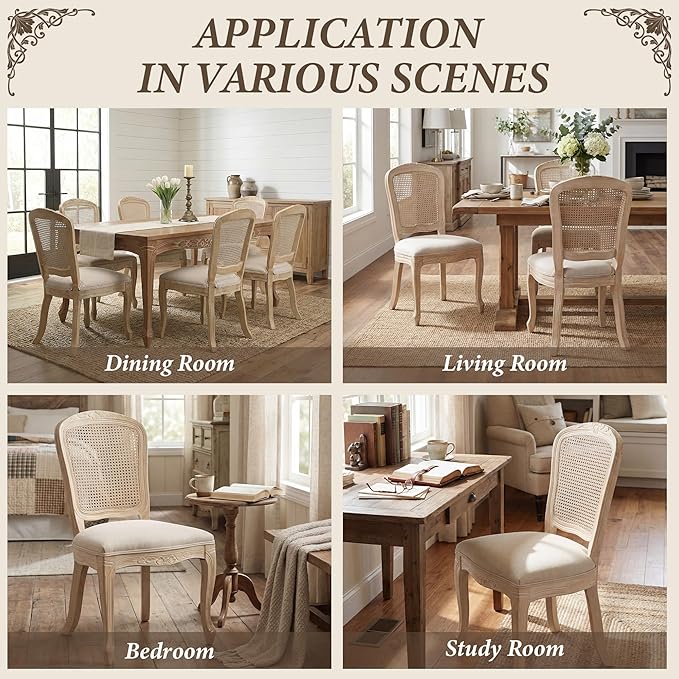 Wicker Dining Chairs Set of 4, Upholstered Linen Fabric Dining Room Chairs with Square High Rattan Back Farmhouse French Kitchen Chairs for Dining Table/Living Room/Restaurant, Cream