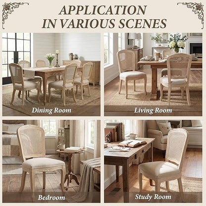 Wicker Dining Chairs Set of 6, Upholstered Linen Fabric Dining Room Chairs with Square High Rattan Back Farmhouse French Kitchen Chairs for Dining Table/Living Room/Restaurant, Cream