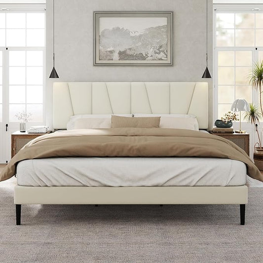 King Size Bed Frame with Fabric Upholstered Headboard, Platform Bed with Wooden Slats Support, Fully Mattress Foundation, Box Spring Optional, Easy Assembly