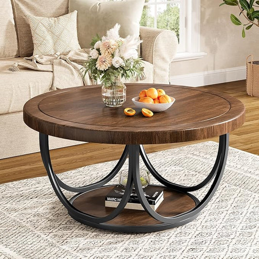 Tribesigns Round Coffee Table with 2 Tiers, 33.5" Wooden Circle Accent Cocktail Table with Storage Shelf and Metal Frame, Industrial Center Tables for Living Room, Brown & Black