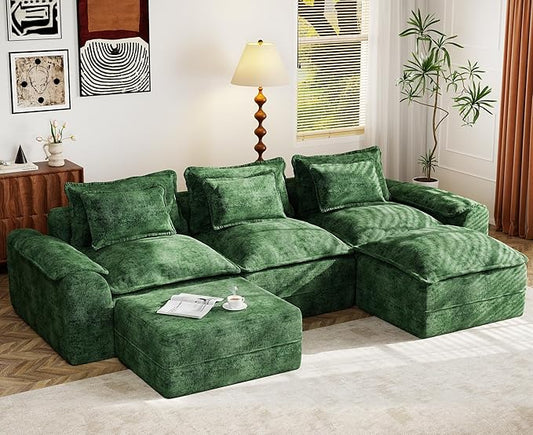 Hobestluk 120" Cloud Modular Sectional Couch 3-Seater Sofa with Ottomans U Shaped Couch Deep Seat Sofa with Removable Cover Large Sofa for Living Room (Green, 3-Seater Sofa with Two Ottomans)