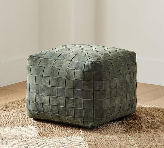 Luxury Handcrafted Suede Basketweave Pouf Ottoman – Soft & Durable Floor Cushion, Footrest, and Accent Seating for Living Room, Bedroom, & Office – Stylish Modern Home Décor (Hunter, 18" x 18" x 14")