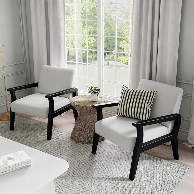 HNY Mid Century Armchair with Black Wood Frames, Linen Upholstered Living Room Arm Chair, for Living Room, Bedroom, Ivory
