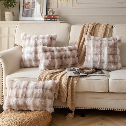 Pack of 2 Thick Plush Throw Pillow Covers Fluffy Wave Faux Fur Decorative Cushion Covers Soft Wool Pillowcase for Sofa Couch Livingroom 18x18 Inch White Taupe