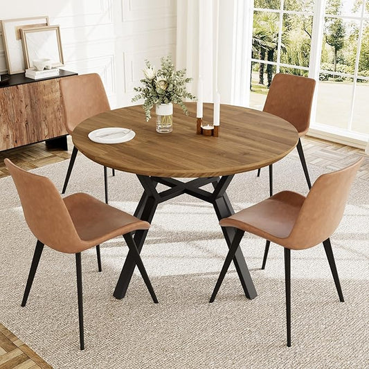 Extendable Round Dining Table Set for 4-6 People, 43.3"-59.1" Extendable Kitchen Table with 4 Upholstered Chairs, Space Saving for Kitchen Dining Room (Walnut Table+4 Brown Chairs)