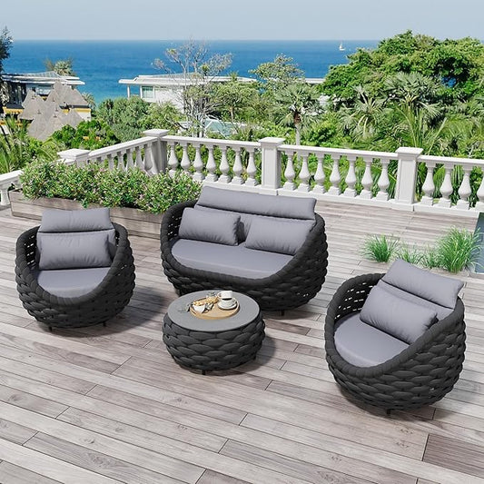 4 Pieces Assembled Patio Conversation Sets, Aluminum Outdoor Furniture Sofa Set - Modern Cushioned Set Hand Woven Rope Couch Armchair Set for 4 - All Weather for Indoor Deck Porch Backyard Hotel
