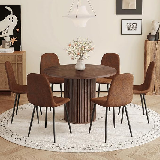 Round Dining Table Set for 6 with Storage, 42" Round Dining Table with 6 Suede Chairs, 7 Piece Kitchen Table Chairs Set of 6 with Thick Wood Top, Roman Column Pedestal, Space-Saving
