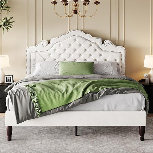 SHA CERLIN Queen Size Bed Frame with Adjustable Headboard/Velvet Upholstered/Diamond Button Tufted and Metal Studs/No Box Spring Needed/Sturdy Wood Slat Support/Easy Assembly/White