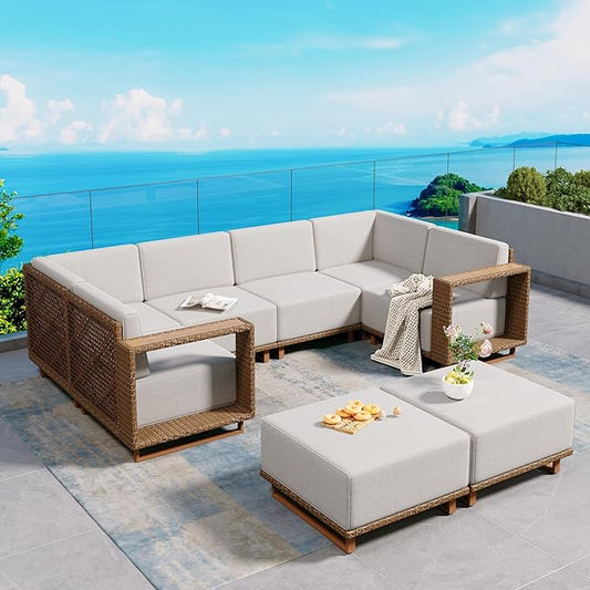 8 Pieces Patio Furniture Set,Outdoor Rattan Wicker Sectional Sofa with 10''Ultra-Thick Cushions,All Weather Patio Conversation Set for Lawn Garden Backyard,Beige