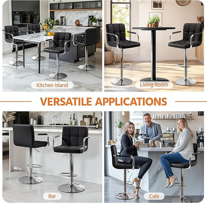 Yaheetech Bar Stools Set of 2, PU Leather Adjustable Swivel Barstools, Hydraulic Kitchen Counter Height Bar Chairs with Armrest and Back for Kitchen, Dining Room, Black
