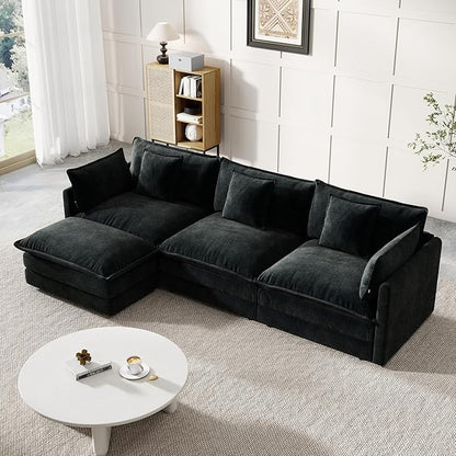 Modular Sectional Sofa, 111.5 Inch L-Shaped Cloud Sofa with Deep Seat Chenille Sofa with Cushions, Three-Self Sectional Sofa for Living Room Apartment,Black