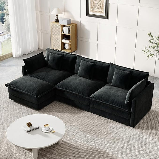 Modular Sectional Sofa, 111.5 Inch L-Shaped Cloud Sofa with Deep Seat Chenille Sofa with Cushions, Three-Self Sectional Sofa for Living Room Apartment,Black