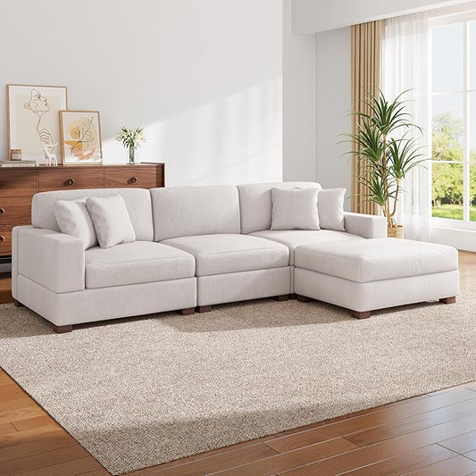 Modular Sectional Couches for Living Room, 118" Modern Upholstered Sofa Couche with Ottoman for Living Room Bedroom, Beige