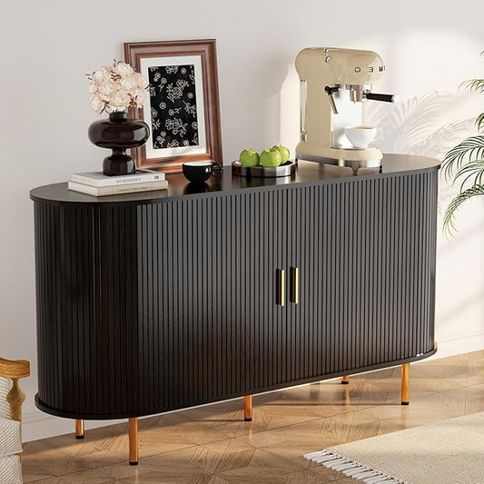DHH Storage Cabinet, Fluted Sideboard Buffet Cabinet with Tambour Sliding Doors& Adjustable Shelf, Accent Coffee Bar Console Table for Kitchen, Living Room, Entryway (Black, 55 Inch)