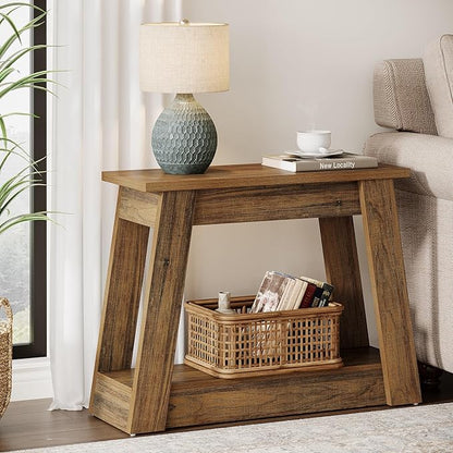 Tribesigns Wood End Table, Small Side Table with 2 Storage Shelves, Rustic Accent Narrow Nightstand for Living Room, Bedroom (1)