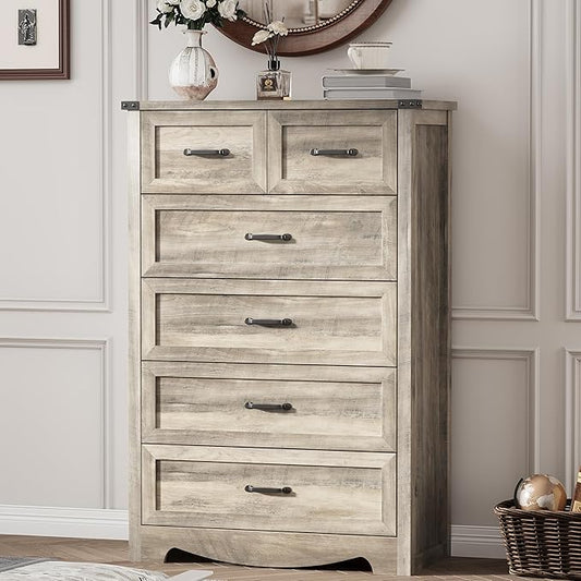 Dresser for Bedroom with 6 Drawers, 49" Tall Wood Chest of Drawers with Deep Drawers & Mental Handle, Modern Dresser TV Stand, Wooden Closet Storage Organizer for Living Room, Hallway, Entryway, Grey