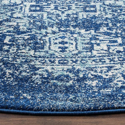 SAFAVIEH Evoke Collection Area Rug - 6'7" Round, Navy & Ivory, Distressed Design, Non-Shedding & Easy to Clean, Ideal for Living Room, Bedroom, Dining Space (EVK256A)