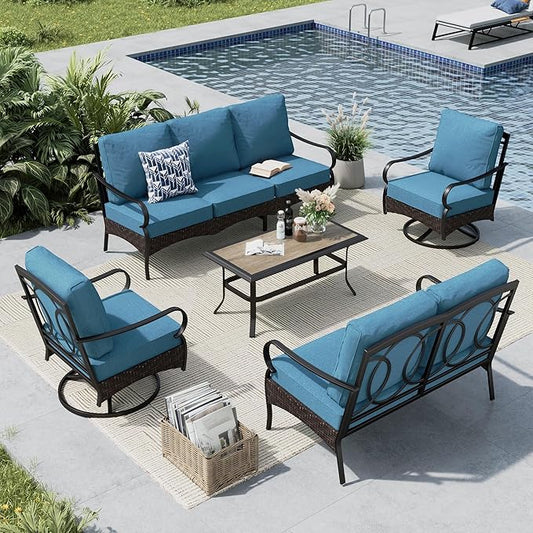 MFSTUDIO 5 PCS Outdoor Patio Furniture Set, Metal Outdoor Conversation Set, Rattan Wicker Patio Sectional Sofa Set with 2 x Swivel Single Sofa, 2-Seat and 3-Seat Sofa, 1 x Coffee Table, Navy Blue