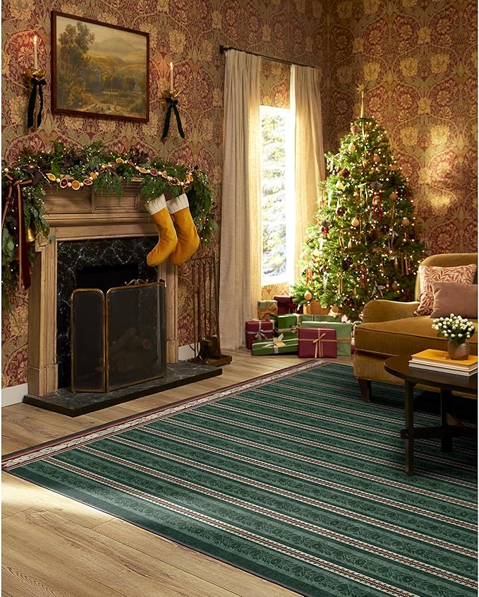 RUGGABLE x Morris & Co Machine Washable Area Rug – Fruit Stripe Spruce Green 10x14, Stain-Resistant, Non-Slip – Large Rugs for Living Room, Bedroom, Hallway, Entryway & Office–with Standard Pad