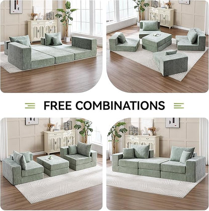 79" Boneless Loveseat Sofa Couch, Modular Foldable Floor Cloud Sofa with Ottoman, Lounge Convertible Sofa Bed for Living Room, No Assembly, Chenille Green