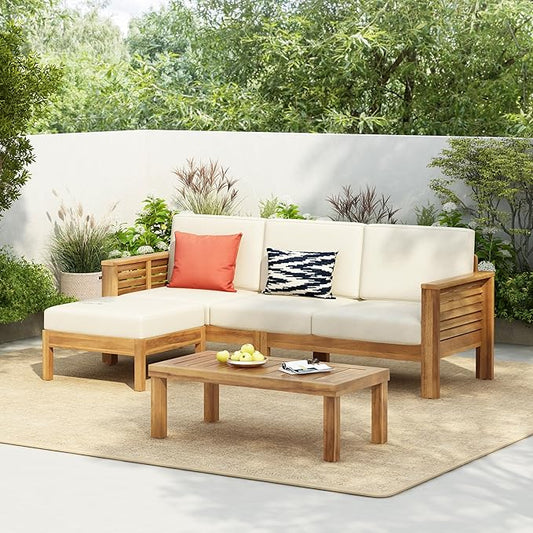 Christopher Knight Home Havets 3 Pieces Outdoor Acacia Furniture Set, Slat Panel Couch, Spacious Seating Armchair, 6" Thick Cushions Sofa and Coffee Table Set for Backyard Garden Balcony, Teak+Beige