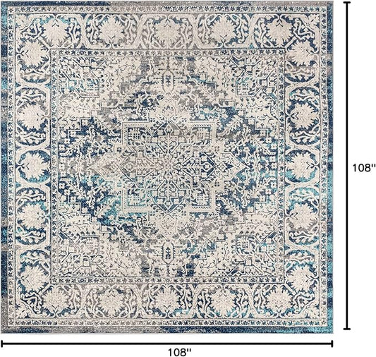 JONATHAN Y Modern Vintage Medallion Navy/Light Gray 9x9 Square Indoor Area Rug, Country, Floral, Easy-Cleaning for Living Room, Bedroom, Kitchen, Pet Friendly, Non-Shedding (MDP100B-9SQ)