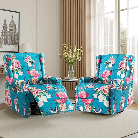 Pia Ricco Swivel Glider Recliner Chairs Set of 2, High Back Rocker Reclining Accent Chair with Smooth Manual Mechanism for Nursery, Comfortable & Quiet Upholstered Armchair Seating-Peacock Blue Rose