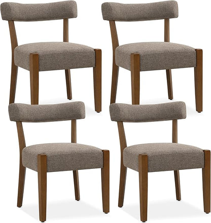 Modern Dining Chairs Set of 4, Walnut Upholstered Kitchen & Dining Room Chairs, Mid Century Wooden Dining Chairs Oversized Sturdy Fabric Rounded Chairs Curved Back, Tan Brown