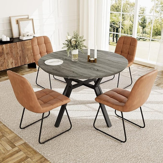 Extendable Round Dining Table Set for 4 People, 43.3"-59.1" Extendable Kitchen Table with 4 Upholstered Chairs, Space Saving for Kitchen Dining Room (Grey Table+4 U-Shaped Brown Chairs)