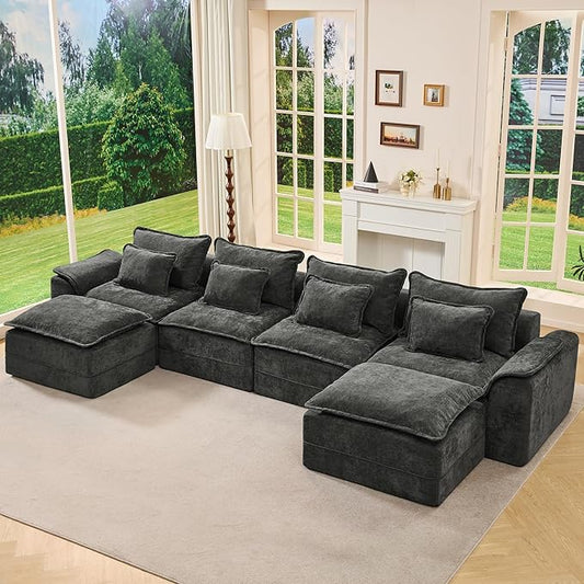 Hobestluk 152" Cloud Modular Sectional Couch 4-Seater Sofa with Ottomans U Shaped Couch Deep Seat Sofa with Removable Cover for Living Room (Dark Grey, 4-Seater Sofa with Two Ottomans)