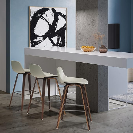 SIMPLIHOME Randolph Counter Stools (Set of 2) - 28 Inch Seat Height Upholstered Bentwood Kitchen Seats in Cream PU Faux Leather, Mid Century Modern Seating with Curved Backrest and Chrome Footrest