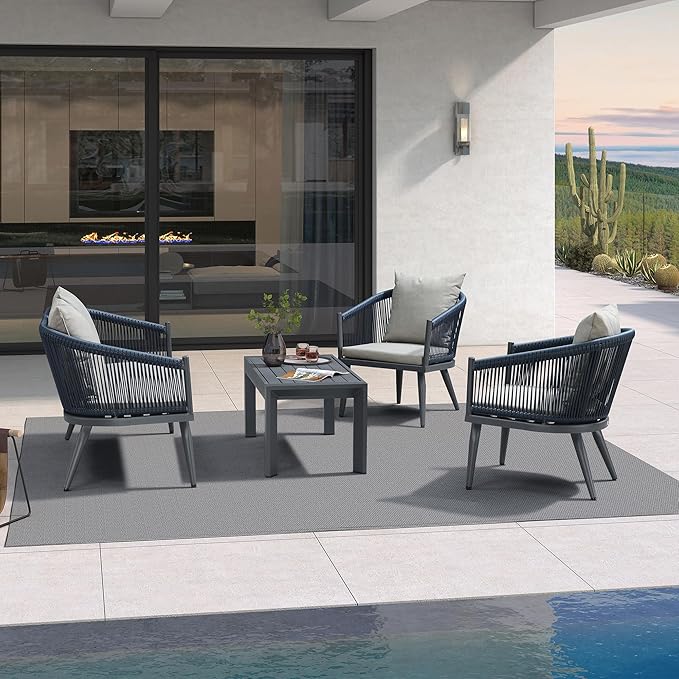 PURPLE LEAF 4 Pieces Patio Conversation Set Outdoor Wicker Furniture with Aluminum Table and Rattan Chairs Sofa Cushions Included for Porch Backyard Garden Balcony Gray