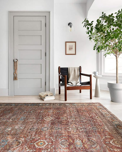 Loloi Layla Collection LAY-01 Brick/Blue 5'-0" x 7'-6" .13" Thick Area Rug, Soft, Durable, Vintage Inspired, Distressed, Low Pile, Non-Shedding, Easy Clean, Printed, Living Room Rug