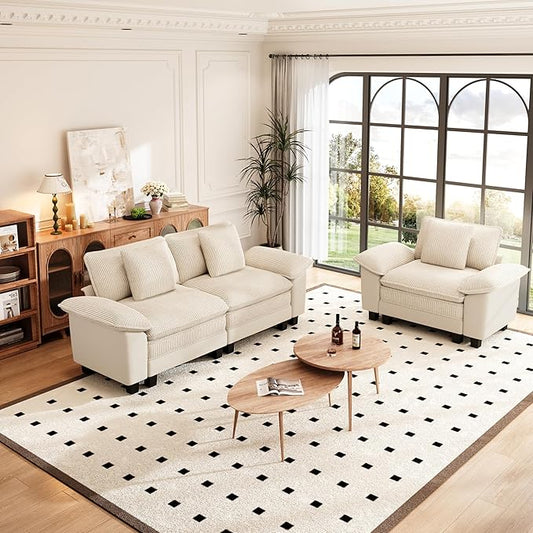 PHI VILLA Cloud Modular Couches Sets, 2 Pieces Sectional Sofa Set with Loveseat, 3-Seater Comfy Couch for Living Room Small Spaces, Chenille Corduroy Dual Fabric, Beige