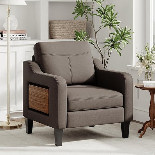 Accent Chair for Living Room Modern Linen Upholstered Armchair Side Wooden Fabric Sofa Chair with Foldable Table 2 Side Pockets Comfy Reading Chair for Bedroom