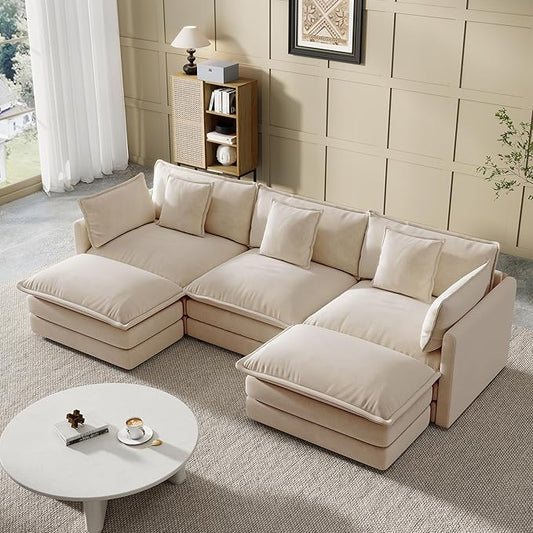 Modular Sectional Sofa, 111.5 Inch U-Shaped Cloud Sofa with Deep Seat Chenille Sofa with Cushions, Three-Self Sectional Sofa for Living Room Apartment,Light Coffee