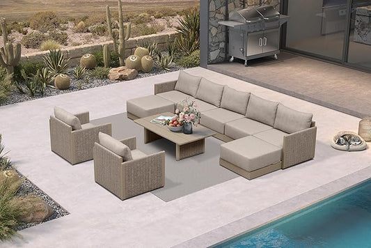 PURPLE LEAF Patio Furniture Set 10 Pieces Patio Seating with Ottoman Sofas Aluminum Furniture Outdoor Couch Sectional Set with Cushions and Aluminum Table Patio Conversation Sets Beige