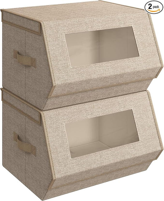 SONGMICS Stackable Storage Bins Set of 2, Storage Boxes with Lids and Front Windows, Non-Woven Fabric Closet Organizers with Magnetic Closures, Side Handles, Sand Beige URLB002Y01