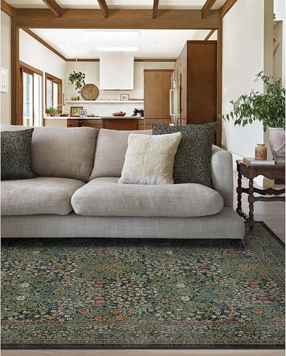 RUGGABLE x Morris & Co Washable Area Rug – Blackthorn Forest Green 6x9, Stain-Resistant, Non-Slip – Medium Machine Washable Rugs for Living Room, Bedroom, Hallway, Entryway & Office–with Standard Pad