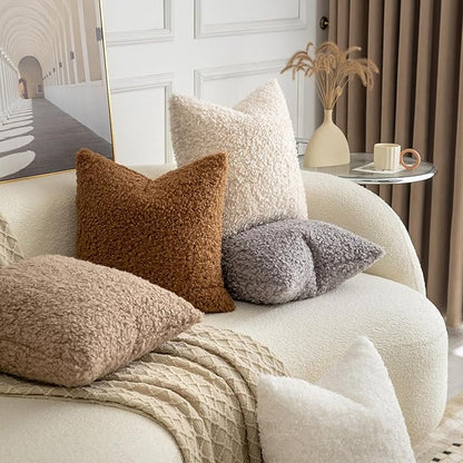 Pack of 2 Curly Teddy Wool Faux Fur Throw Pillow Covers Fuzzy Accent Soft Sherpa Pillowcases Sheepskin Fleece Decorative Cushion Case for Sofa Couch Living Room 22x22 Inch Light Grey